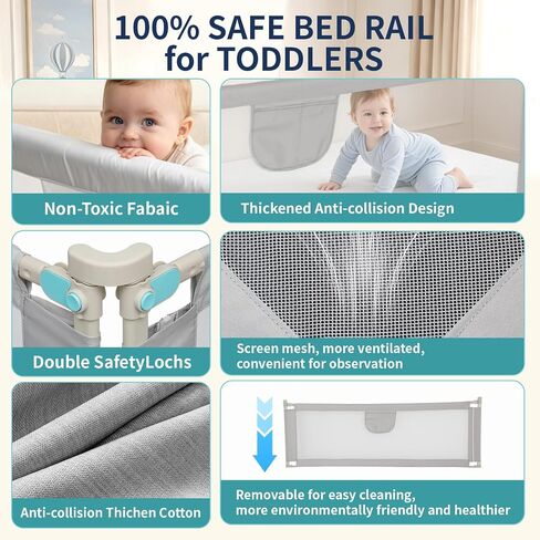 3-Piece King Size Toddler Bed Rail Guard, No Drill Vertical Lift Baby Bed Barrier, 24 Gear Adjustable Height Safety Bed Rail with Double Lock, Seamless Gapless Kids Bed Fence, 78.7"x78.7"x74.8", Grey in Saudi Arabia