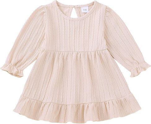 Mioglrie Baby Girl Dress Infant Fall Winter Outfit Long Sleeve Knit Dresses | Lantern sleeves,Knitted Smocked Design,Cuff Elastic,Fall Winter Ruffle Solid Outfits,Cute Dresses, Toddler Baby Girl Clothes in Saudi Arabia