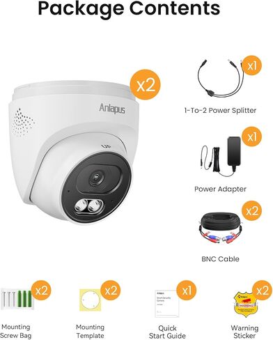 Anlapus 2 Pack 4K Security Cameras for Home Surveillance, 8MP Outdoor Indoor Wired CCTV Add-On Dome Camera with Audio, Night Vision, IP66 Weatherproof, Only Compatible 4K DVR System in Kuwait