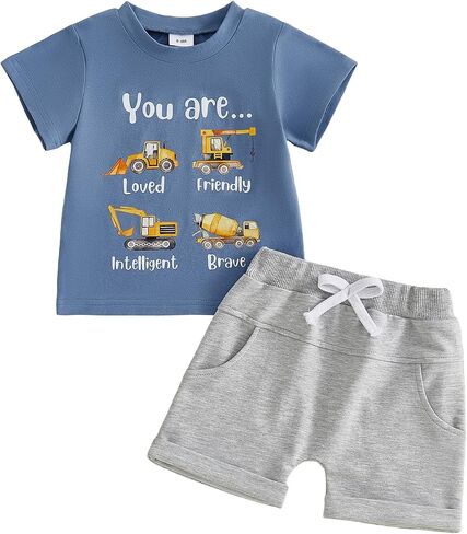 Kaipiclos Toddler Baby Boy Summer Outfit 6 12 18 24 Month 2T 3T 4T Boys Clothes Letters Shirt Truck Baby Tee + Shorts Set in Saudi Arabia