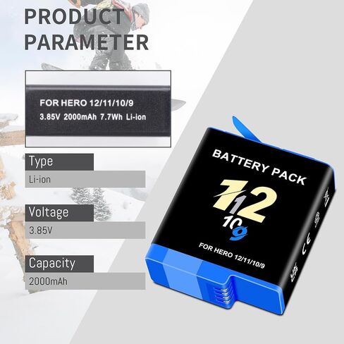 Hero 12/11/10/9 Battery 2-Pack 2000mah Compatible for Hero 12 11 10 9 Black Original Batteries Accessories Enduro Upgrade Capacity Battery 3.85V 7.7WH in Kuwait