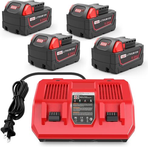4 Pack Milwaukee 18V Battery & Rapid Charger Kit, 18V 6.0Ah Replacement for Milwaukee Mk18 Battery Compatible with Mk-18 48-11-1850 48-11-1840 48-11-1890 48-11-1815 Cordless Tools in Kuwait