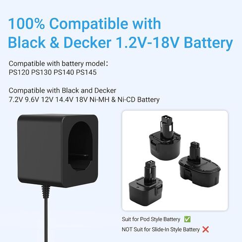 7.2V-18V Charger for Black and Decker PS120 PS130 PS140 PS145 Battery | Compatible with Black & Decker 7.2V 9.6V 12V 14.4V 18V Ni-MH/Ni-Cd Pod Style Batteries in Kuwait