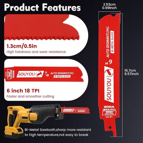 50 Pack 6 in 18 TPI Bi-Metal Reciprocating Saw Blades with Organizer Carbide Alloy Steel for Automobile Dismantling Metal Steel Cutting Non-Stick Coated for Less Heat for 1/16-5/16 Medium Metals in Saudi Arabia