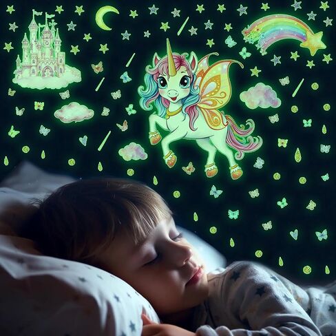 Glowing Unicorn Wall Stickers | Unicorn Castle with Rainbow, Butterflies, Clouds, Moon, and Stars, Removable, For Bedroom, Classroom, and Playroom in Kuwait