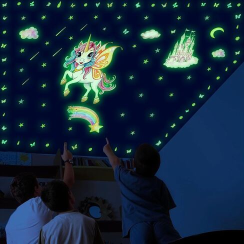 Glowing Unicorn Wall Stickers | Unicorn Castle with Rainbow, Butterflies, Clouds, Moon, and Stars, Removable, For Bedroom, Classroom, and Playroom in Kuwait