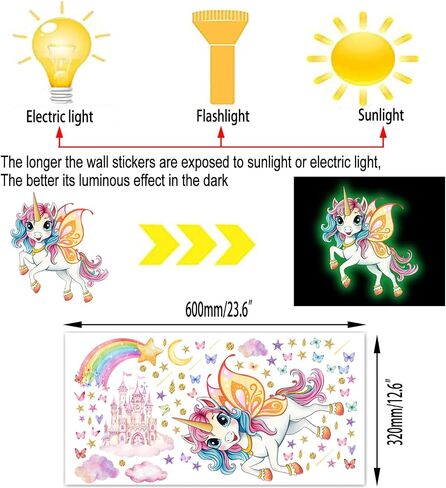 Glowing Unicorn Wall Stickers | Unicorn Castle with Rainbow, Butterflies, Clouds, Moon, and Stars, Removable, For Bedroom, Classroom, and Playroom in Kuwait