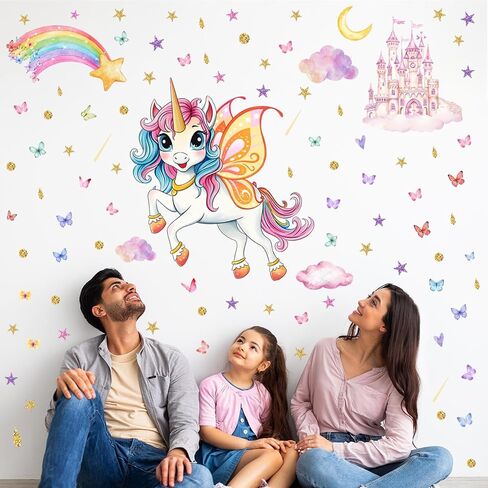 Glowing Unicorn Wall Stickers | Unicorn Castle with Rainbow, Butterflies, Clouds, Moon, and Stars, Removable, For Bedroom, Classroom, and Playroom in Kuwait