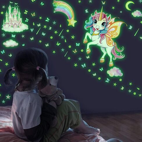 Glowing Unicorn Wall Stickers | Unicorn Castle with Rainbow, Butterflies, Clouds, Moon, and Stars, Removable, For Bedroom, Classroom, and Playroom in Kuwait