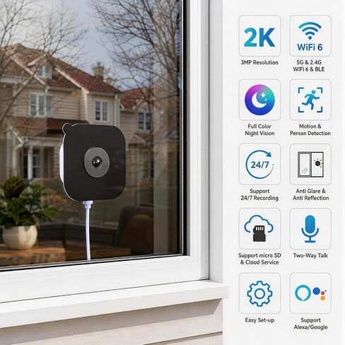 Easy Setup 2K 3MP Window Camera, Indoor Security Camera with Magnetic Anti-Glare Mount, Color Night Vision, 5GHz & 2.4GHz WiFi 6, Smart Detection, Two-Way Audio, 24/7 Recording in Kuwait
