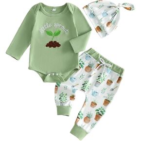 3Pcs Green Little Sprout Newborn Baby Boy Clothes Set 0-18M | Little Sprout Baby Shower, Baby Announcement, Mommy and Me Baby Boy Coming Home Outfit, Long Sleeve Bodysuit Pants Set Hat in Saudi Arabia