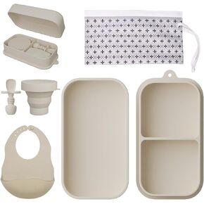 Travel Silicone Baby Feeding Set Portable Toddler Feeding Supplies Toddler Plates and Bowls Set Baby plates with Suction With spoon and cup, bib and waterproof storage bag in Saudi Arabia