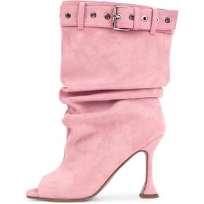 Richealnana Women's Open Toe Buckle Straps Stiletto High Heels Wide Calf Ruched Mid Calf Booties in Saudi Arabia