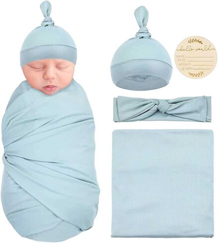Dizila 4pcs Soft Nursery Baby Girl Boy Newborn Receiving Swaddle Blanket with Matching Turban Hat Beanie Bow Headband and Birth Announcement Wooden Card (Set 5) in Saudi Arabia
