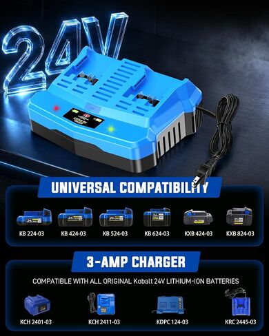 Dual Port 24V Battery Charger Compatible with Kobalt 24V Battery | for KB624-03 KB524-03 KDPC 124-03, Fast Simultaneous Charging Station Replacement for Kobalt 24V Charger with Cooling Fan in Kuwait