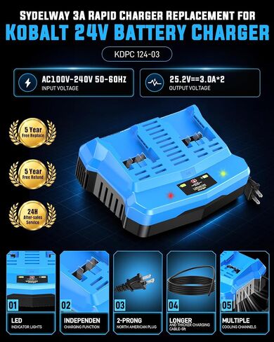 Dual Port 24V Battery Charger Compatible with Kobalt 24V Battery | for KB624-03 KB524-03 KDPC 124-03, Fast Simultaneous Charging Station Replacement for Kobalt 24V Charger with Cooling Fan in Kuwait