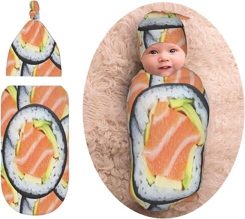Sushi Newborn Swaddle Blanket Beanie Hat Sets Funny Food Soft Baby Receiving Blanket Swaddle Sack Wraps for Infant Boy Girl Gift Baby Shower Infant in Kuwait
