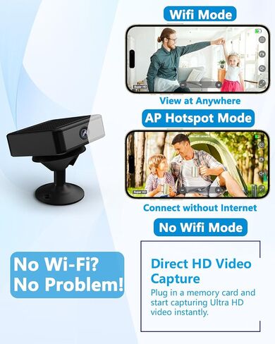 Mini Spy Camera, WiFi/AP Hotspot/Offline Modes, 4K No WiFi Security Camera | Works with or without Wifi, Night Vision, Mult-Installation, Wireless Small Cameras for Home/Car/Travel/Outdoor, Deep Black in Saudi Arabia