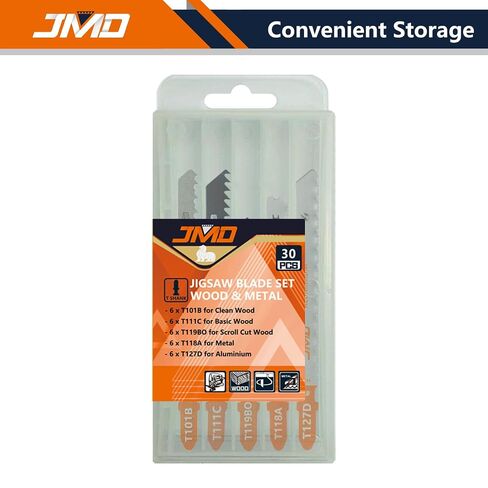 JMD 30-Piece Jigsaw Blades Assortment Set T Shank Assorted Jig Saw Blades | T101B T111C T119BO T118A T127D Mixed Kit with Storage Case, Clean Cut Scroll Cut for Wood Plastic Metal Aluminum in Saudi Arabia