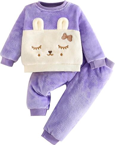 Jecson Baby Girl Clothes Flannel Sweatsuit 2 Piece Outfits Set for 6M-3T | Soft flannel baby girl outfits with warm bunny-embroidered top for fall, winter, daycare, playdates, and family photos in Saudi Arabia