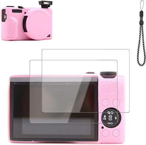 Camera Case Compatible with Canon PowerShot G7 X Mark III Camera, Silicone Protective Cover with 2 Tempered Glass Screen Protectors and Lanyard Strap, Anti-Scratch Shockproof Slim Fit,Pink in Saudi Arabia