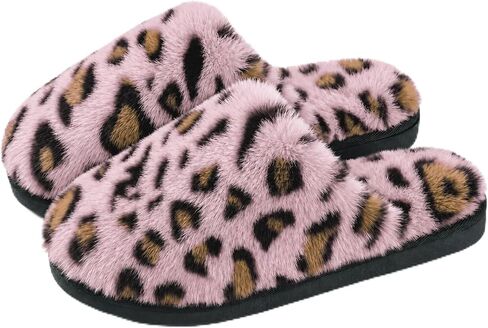 JOLLYVOGUE Cheetah Slippers for Women, Leopard Memory Foam House Shoes | Printed Fuzzy Faux Fur, Non-Slip TPR Soles, For Indoor & Outdoor, Double-Padded Heel Cushion, Slip-On Footwear in Kuwait