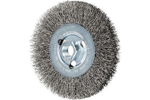 PFERD Crimped Wheel Brush, Stainless Steel Wire, 4-1/2" Diameter, 5/8-11 Thread, 0.014 Wire Size, 15/16" Trim Length, 1/2" Face Width, 12500 max RPM - Part 80354 in Saudi Arabia