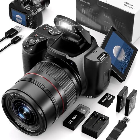 G-Anica 4K&72MP Digital Cameras for Photography, 72MP&12X Optical Video Camera, 720°Flip Screen, Vlogging Camera for YouTube with Flash, WiFi & HDMI Output, Autofocus, Anti-Shake, 32GB SD Card(Black) in Kuwait