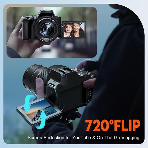 G-Anica 4K&72MP Digital Cameras for Photography, 72MP&12X Optical Video Camera, 720°Flip Screen, Vlogging Camera for YouTube with Flash, WiFi & HDMI Output, Autofocus, Anti-Shake, 32GB SD Card(Black) in Kuwait