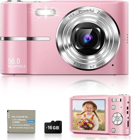 Pink Digital Camera, 50MP FHD 1080P Portable Point and Shoot Camera, Small Digital Camera with 16X Digital Zoom, Anti-Shake Vlogging Device for Daily Life, Travel, Kids, and Beginners in Kuwait