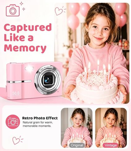 Pink Digital Camera, 50MP FHD 1080P Portable Point and Shoot Camera, Small Digital Camera with 16X Digital Zoom, Anti-Shake Vlogging Device for Daily Life, Travel, Kids, and Beginners in Kuwait