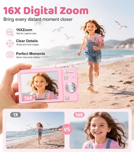 Pink Digital Camera, 50MP FHD 1080P Portable Point and Shoot Camera, Small Digital Camera with 16X Digital Zoom, Anti-Shake Vlogging Device for Daily Life, Travel, Kids, and Beginners in Kuwait