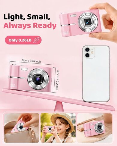 Pink Digital Camera, 50MP FHD 1080P Portable Point and Shoot Camera, Small Digital Camera with 16X Digital Zoom, Anti-Shake Vlogging Device for Daily Life, Travel, Kids, and Beginners in Kuwait