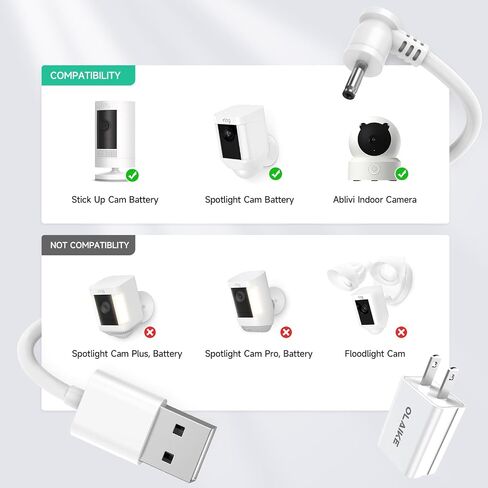 OLAIKE 26FT/8M Power Cord and Adapter Compatible with Ring Stick Up Cam Battery (3rd & 2nd Gen) /Plug-in/Spotlight Cam Battery, 10W Weatherproof DC Port Cord for Continuous Rapid Charging, White in Saudi Arabia