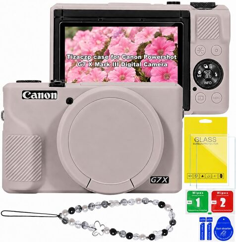 حافظة كاميرا من السيليكون لكاميرا Canon G7X Mark III مع غطاء عدسة قابل للإزالة، وحزام معصم، و2 واقي شاشة من الزجاج المقوى، وسفر وقائي، وملحقات كاميرا التصوير الفوتوغرافي اليومي (بيج) in Kuwait