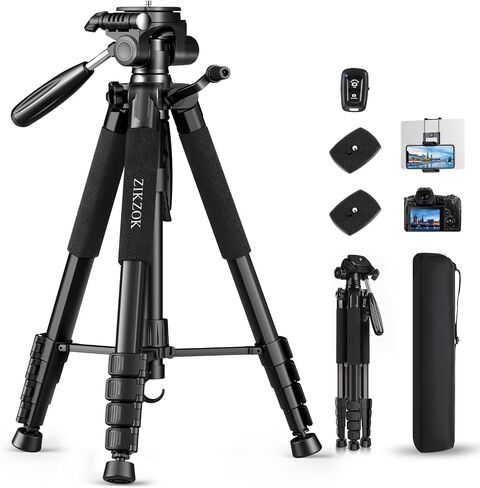 75" Heavy Duty Camera Tripod Stand - Max Load 15LB, Aluminum Travel Tripod for DSLR/Phone/Tablet/Projector, 3-Way Pan Head & Quick Release Plate, Compact Foldable Design (Blue) in Saudi Arabia