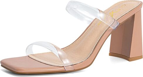 Athlefit Women's Square Toe Two Strap Heeled Sandals Clear Heels Size 7.5 | Stylish PU Leather Chunky Heel Sandals, Comfortable All-Day Fit, Ideal For Parties, Dancing, Weekends & Shopping in Saudi Arabia