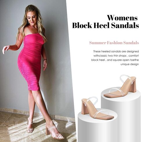 Athlefit Women's Square Toe Two Strap Heeled Sandals Clear Heels Size 7.5 | Stylish PU Leather Chunky Heel Sandals, Comfortable All-Day Fit, Ideal For Parties, Dancing, Weekends & Shopping in Saudi Arabia