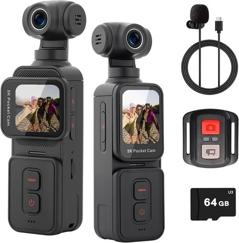 5K Pocket Vlogging Camera with Face Tracking, 64GB Card | Vlog Body POV Camera, Action Cam 5K, WiFi, Electronic 270° Rotating Lens, Touch Screen, Remote Control, External MIC in Saudi Arabia