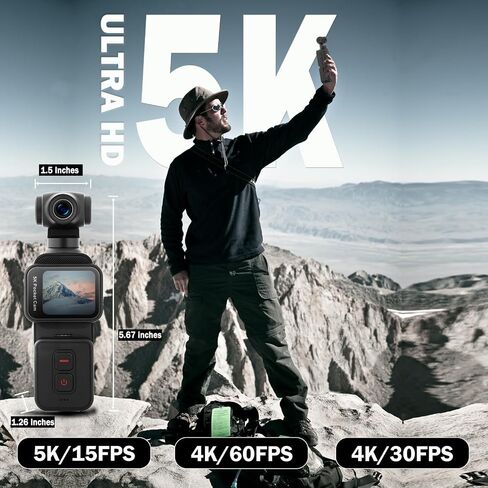 5K Pocket Vlogging Camera with Face Tracking, 64GB Card | Vlog Body POV Camera, Action Cam 5K, WiFi, Electronic 270° Rotating Lens, Touch Screen, Remote Control, External MIC in Saudi Arabia