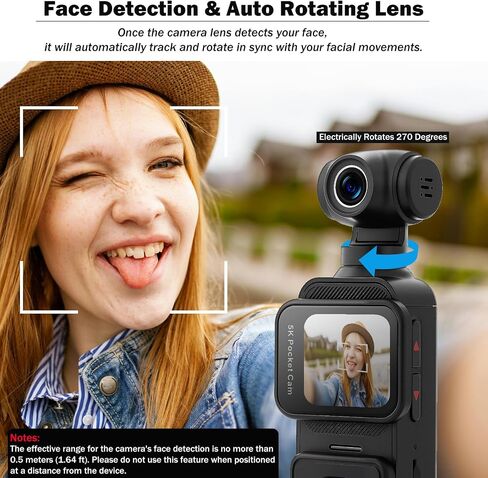 5K Pocket Vlogging Camera with Face Tracking, 64GB Card | Vlog Body POV Camera, Action Cam 5K, WiFi, Electronic 270° Rotating Lens, Touch Screen, Remote Control, External MIC in Saudi Arabia