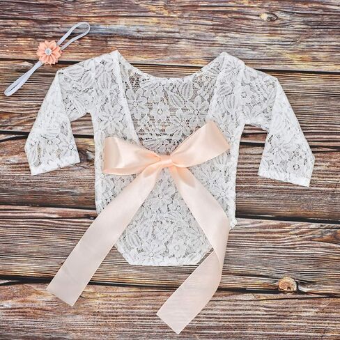 Newborn Lace Romper Baby Girl Outfit Photography Prop Vintage Romper with Ribbon Bow and Matching Headband in Kuwait