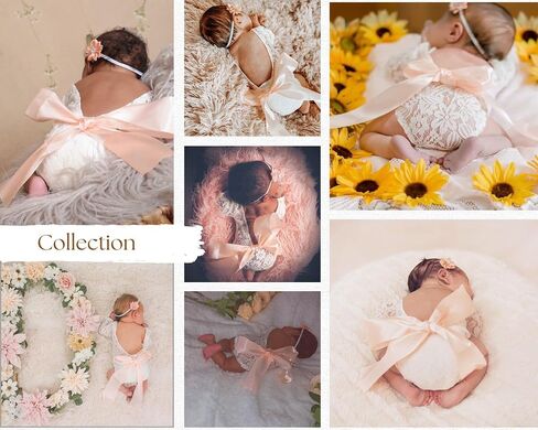 Newborn Lace Romper Baby Girl Outfit Photography Prop Vintage Romper with Ribbon Bow and Matching Headband in Kuwait