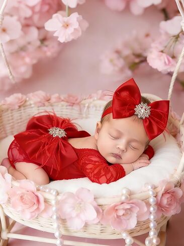 Newborn Girl Photoshoot Outfits Lace Baby Photography Outfits Girl Photo Props for Newborn Elastic Romper with Headband Baby Elegant Gorgeous Photography Outfit（Pink） in Kuwait