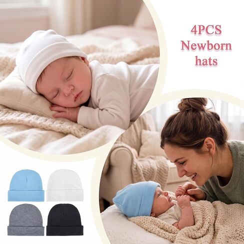 4 Pcs Baby Hats Newborn Girls Boys, Soft Preemie Hat Infant Beanie | Cotton Infant Beanie Nursery Hospital Caps, Snug Fit No Slip Baby Hats 0-3 Months in Kuwait