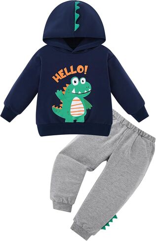 ZOEREA Toddler Baby Boy Clothes Outfits Fall Winter Sweatshirt Set 1-5T | Cute, Long Sleeve Hooded Dinosaur Sweatshirt Pullover Tops, Elastic Waist Pants, Spring, Toddler Little Kids, gifts, 2 Pcs in Saudi Arabia