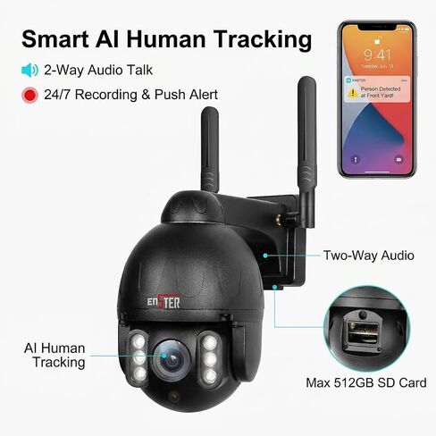 ENSTER 2.4/5G Security Camera Outdoor, 5MP PTZ WiFi Camera for Home Security Full Metal, Human Detection, Onvif RTSP Camera Auto Tracking, Color Night Vision, 2-Way Audio, IP66 Waterproof in Kuwait