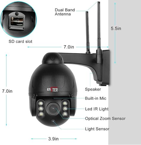ENSTER 2.4/5G Security Camera Outdoor, 5MP PTZ WiFi Camera for Home Security Full Metal, Human Detection, Onvif RTSP Camera Auto Tracking, Color Night Vision, 2-Way Audio, IP66 Waterproof in Kuwait