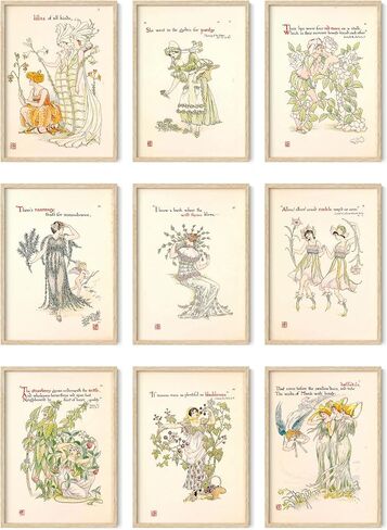 Ink Inc. Flower Fairy Art Prints Herbs Plants Woodland Wall Art | Boho Farmhouse Girls Room Nursery Décor | Set of 9 5x7 - Framed, Black Wood in Saudi Arabia