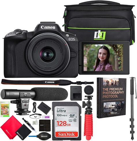 Canon EOS R50 Mirrorless Camera with RF-S 18-45mm and 55-210mm Lens Bundle | 5811C022 Incl. Deco Gear Camera Bag + Microphone + Monopod + Photography Pro Ebook & Accessories Kit in Saudi Arabia